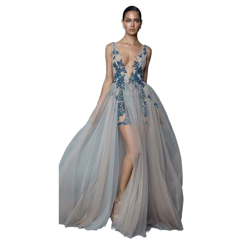 Sexy Berta High Slit Silver Prom Dresses Bohemian Style Backless Straps With Navy Lace Beaded Long formal Evening Gowns Fitted Cocktail Party Wear
