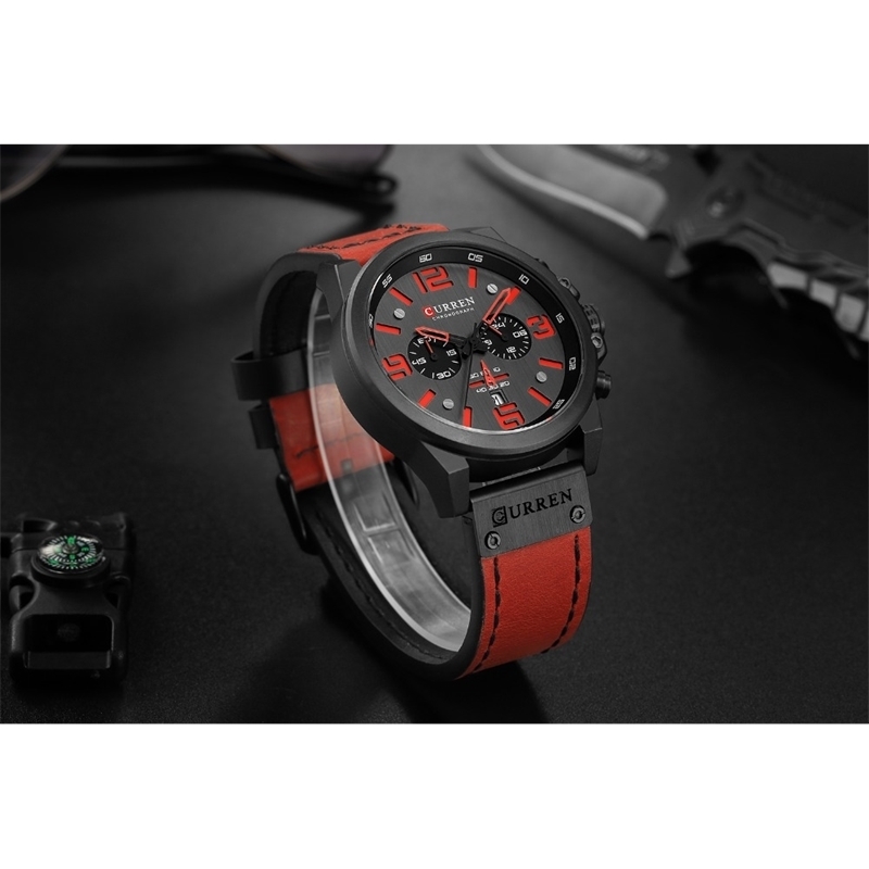 Reloj Hombre Casual Quartz Watches For Men CURREN Fashion Red Leather Sports Men Wristwatch Chronograph Male Watch LJ201119