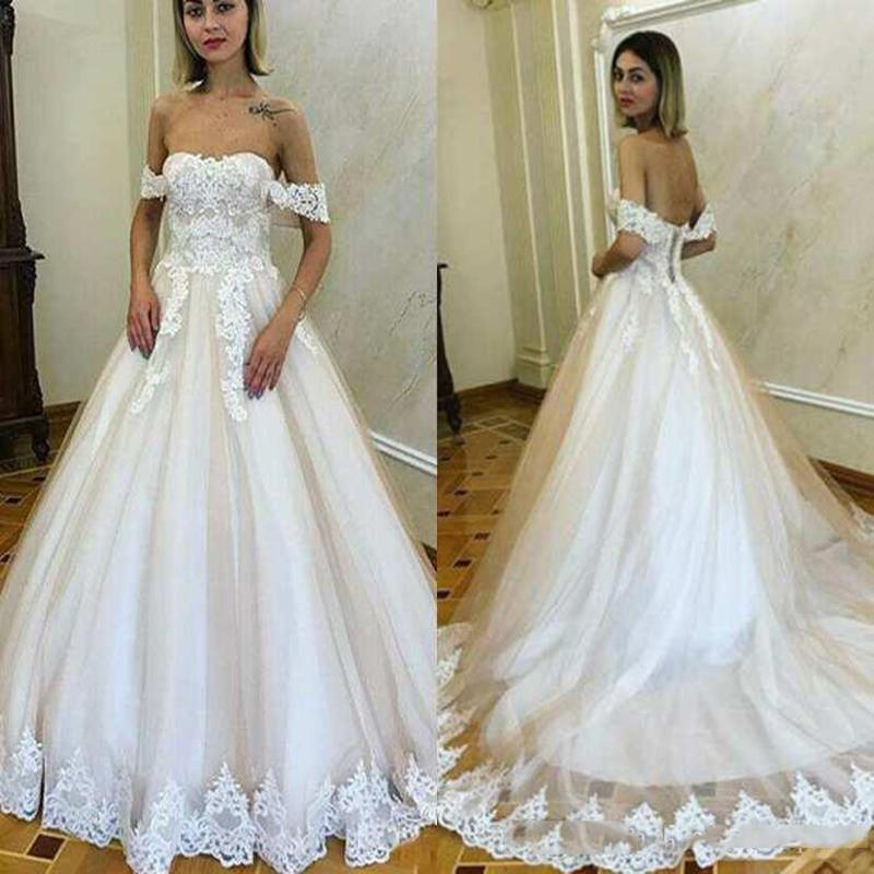 Custom Made Off Shoulder Lace Wedding Dresses 2021 with Appliques Court Train Tulle Lace Up Back A Line wedding dresses