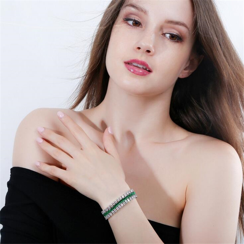 Sparkling New Arrival Top Sell Luxury Jewelry 925 Sterling Silver Emerald CZ Diamond 3 Rows Gemstones Women Wedding Bracelet For Lover Gift