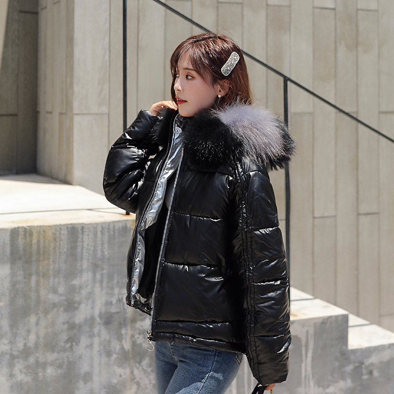 With Fur Collar Plus Size Women's Winter Jacket Solid Hooded Female Coat Hooded Shiny Korean Style Casual Outwear Women Parkas 201019