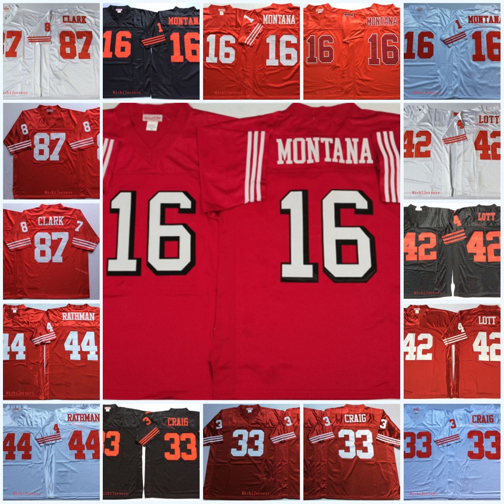 

Mens Vintage #16 Joe Montana Football Jersey Stitched Red White #42 Ronnie Lott 33 Roger Craig 44 Tom Rathman 87 Dwight Clark Jersey, #16 joe montana /with side