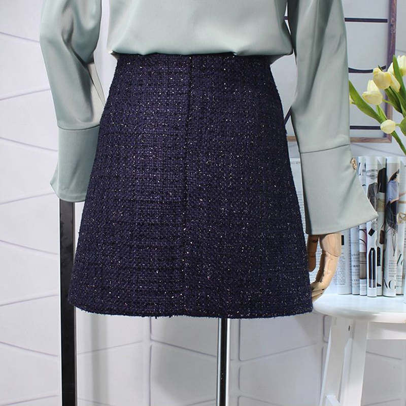 Flectit Fall Winter Plaid Wool Skirt Womens Royal Button Pocket Front Plus Size Glitter Tweed Mini Skirt Saia Feminina T200324