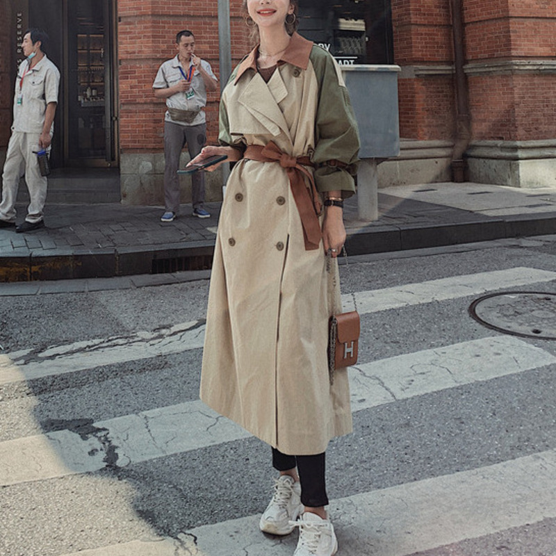 [DEAT] New Autumn Fashion Women Trench Coat Hit Color Patchwork Full Sleeve Lapel Collar Casual Loose Wild With Belt TX881 201102