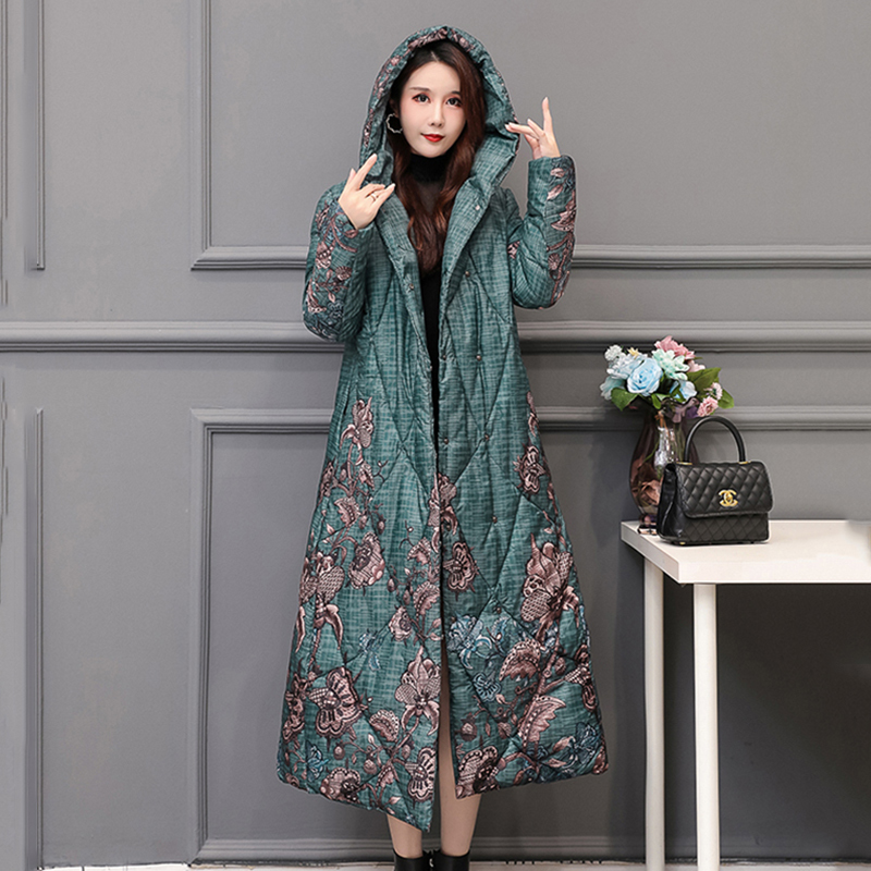 Chinese Style Women's Winter Down Jacket X-long Printing Plus Size Thick Outwear Hooded Loose Covered Button Female Cold Coat 201031