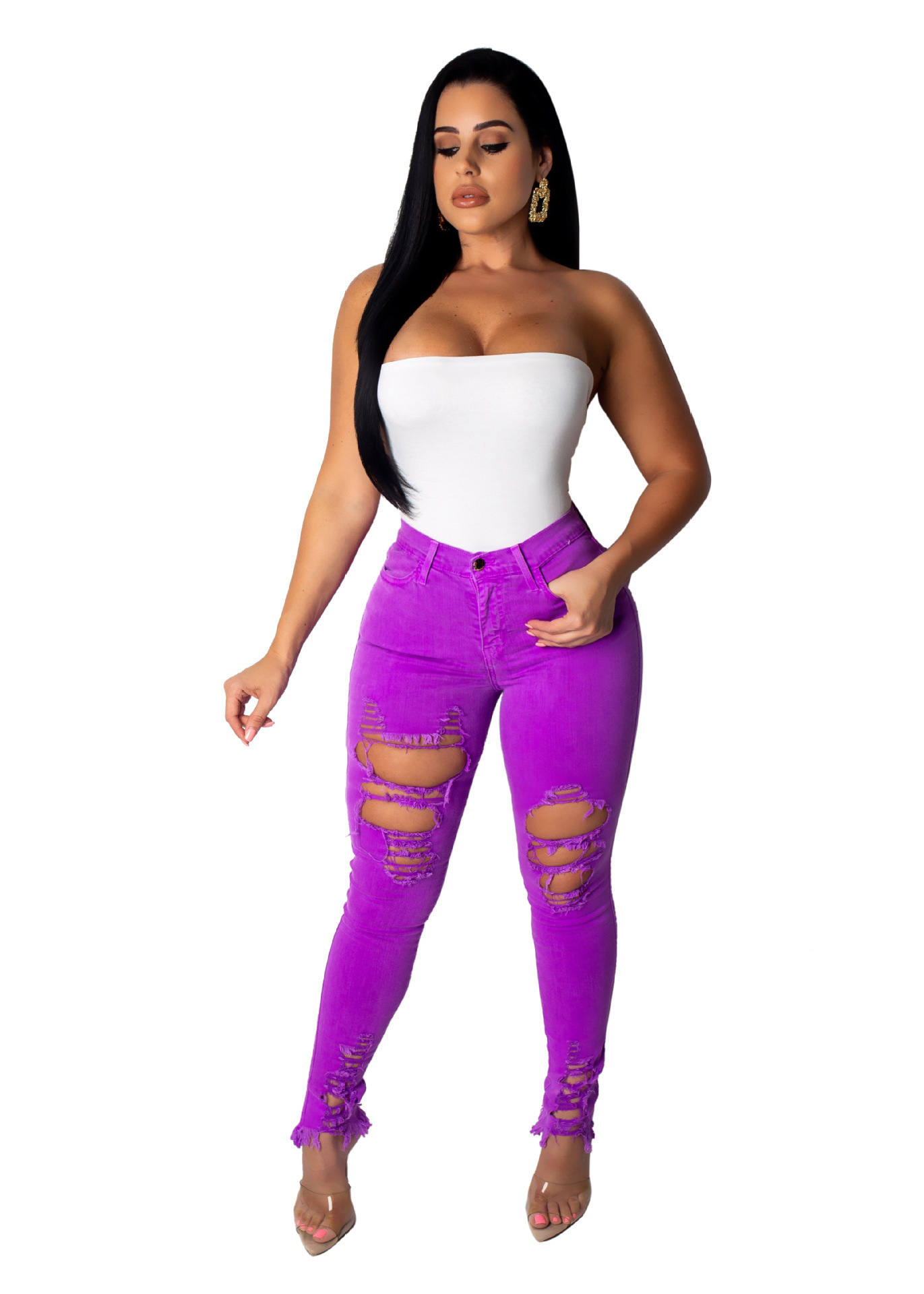 XXL Neon Green Orange Sexy High Waist Jeans Pants Women Stretchy Holes Casual Denim Trousers Streetwear Plus Size Pencil Pants 201014