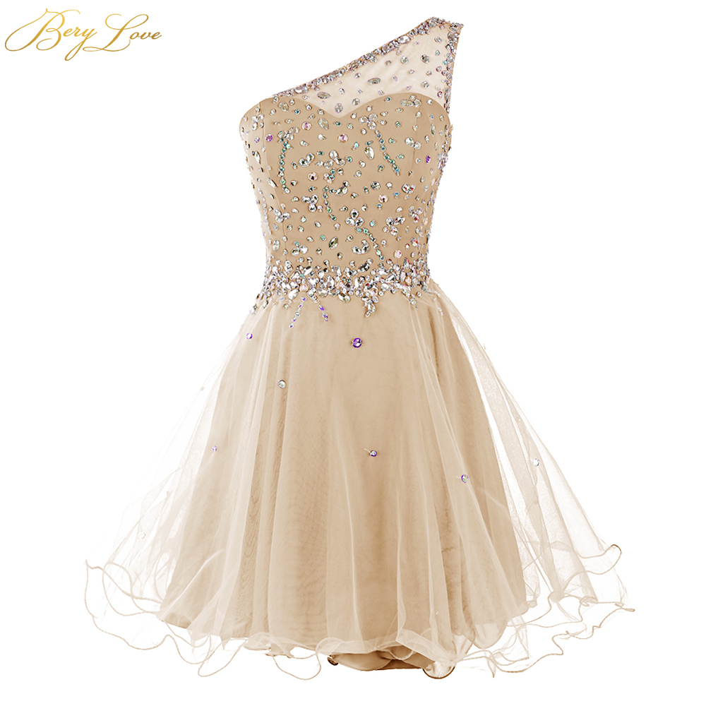 Berylove One Shoulder Homecoming Dress Dark Red Mini Crystals Beaded Tulle Short Girl Gown Prom Dress Mini Party Dress T200604