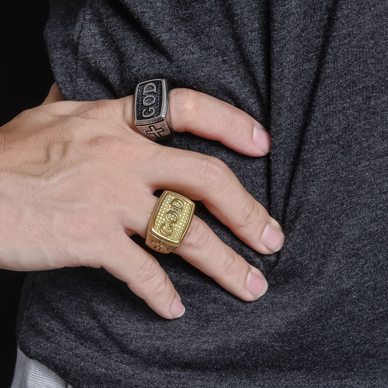 Vintage Style Men's GOD Cross Ring Gold Antique Silver Plated Stainless Steel Rings
