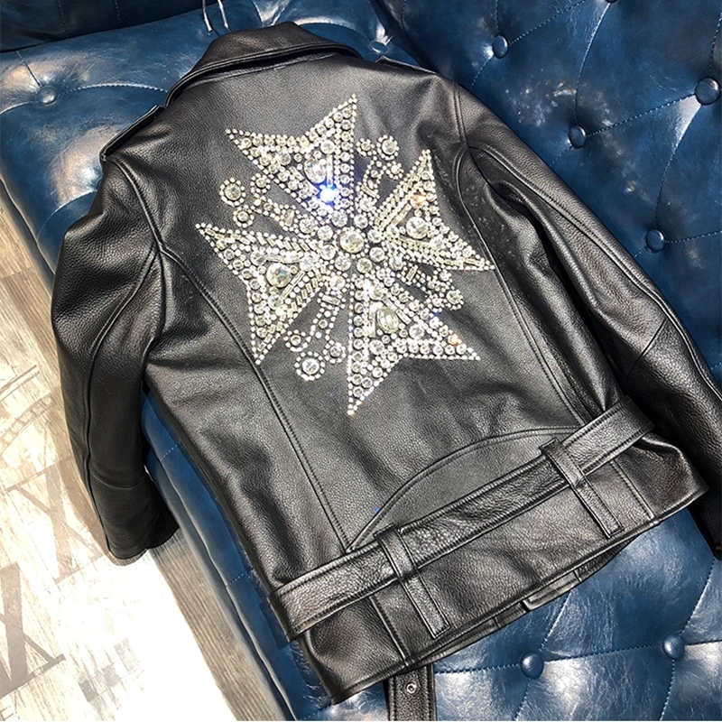 Woman Coats 100% Natural Leather Sheepskin Fashion Real Sheepskin Motorcycle Jackets Rivet Genuine Leather Ladies Jack 201030