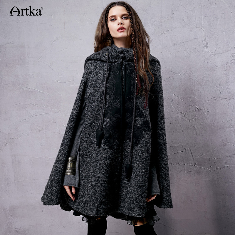 ARTKA Women's Winter New Vintage Warm Woolen Hoodie Cloak Coat Embroidered Drop-Shoulder Sleeve Wool Cape Outerwear WA10220D 201222