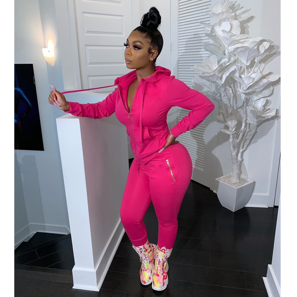 2 Piece Set Women Zipper Hooded Sweatshirt Sport Joggers Workout Set Fashion Tracksuit High Waist Sweatpant Sweatsuit T201031