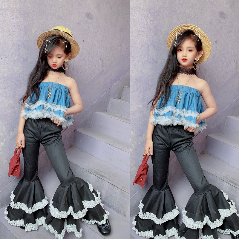 Spring and Summer Girls' Small Fragrance Style Suit New Wrapped Chest Top + Lace Lace Bell Pants Suit Children's Ladies StyleX1019