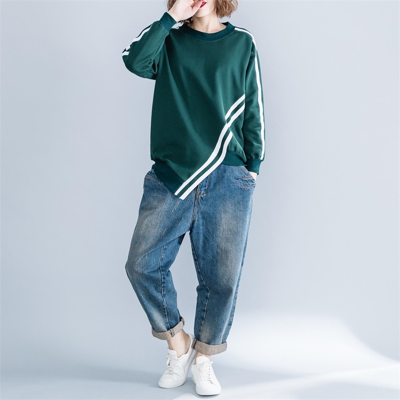 Plus Size Striped Sweatshirt Hoodies Women Casual Irregular Cotton Pullovers Sweatshirts Woman Kpop Clothes Autumn Moletom 201102