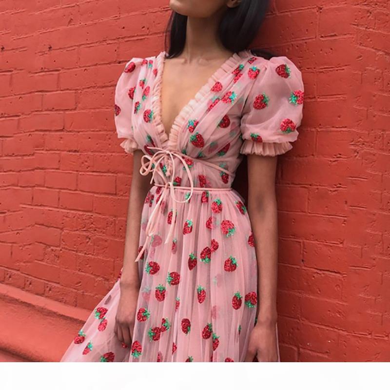 Women's Strawberry Dress Sweet Mesh Vestidos Fall 2020 Sexy V-neck Puff Sleeve Dress Pleated Patchwork Lace Evening Dress T200827 High Quality, Pink mini dress
Women's Strawberry Dress Sweet Mesh Vestidos Fall 2020 Sexy V-neck Puff Sleeve Dress Pleated Patchwork Lace Evening Dress T200827 High Quality, Pink mini dress