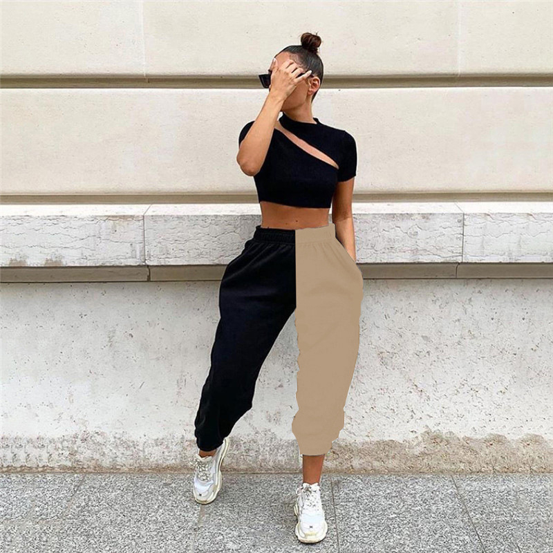 Patchwork Sport Harem Pants Women Loose Casual Sport Streetwear Pants Black and White New Summer High Waist Autumn Winter 201113