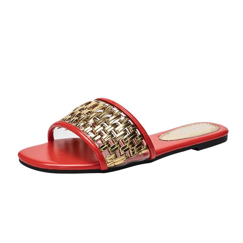 Elegant Women Slippers Golden PU Leather Woven Sandals Flat Heel Mules Plus Size 42 Beach Slide Fashion Flip Flops, Black