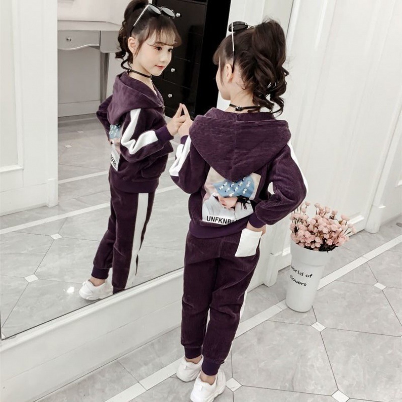 Girls Children Spring Fall Winter New 2020 Warm Girls Clothing Set 2 Pcs Little Kids Cartoon Clothes Velour Tops + Pants SuitX1019