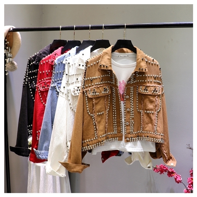 Jacket Women Autumn Hand Rivet Studded Denim Jacket Loose Outwear Female New Students Casual Short Jeans Coats 201106