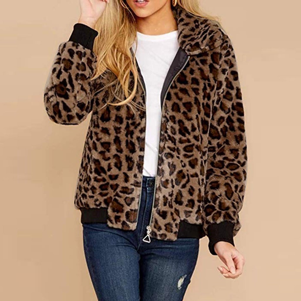 2019 New Sexy Female Jacket Autumn Winter Leopard Jacket Print Fleece Long Sleeves Cardigan Zipper Keep Warm Coat chaqueta mujer T200114