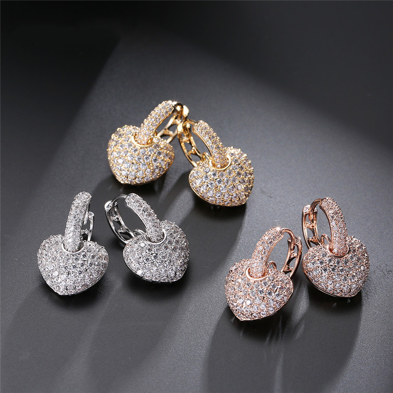Cubic Zirconia Micro Paved Heart Dangle Earrings for Women Rose Gold Color Clear Crystal Hip Hop Jewelry Ice Out Bling Rock Punk Lover Party Gifrs for