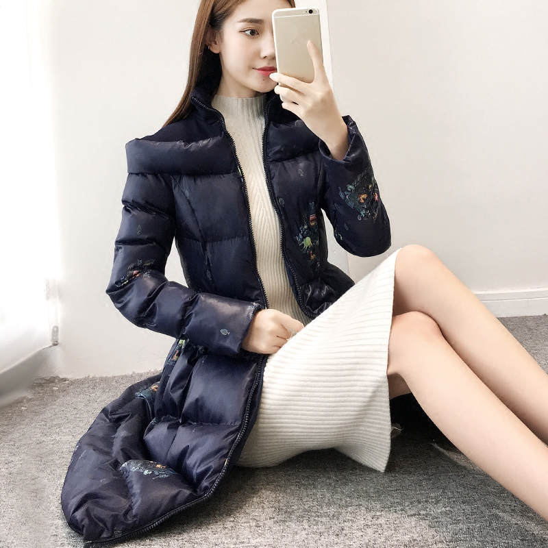 Stand Collar Long Winter Jacket Women A-Line Print Coat Women Thicken Parkas Mujer Warm Overcoat Cotton Jacket Female C5810 201029