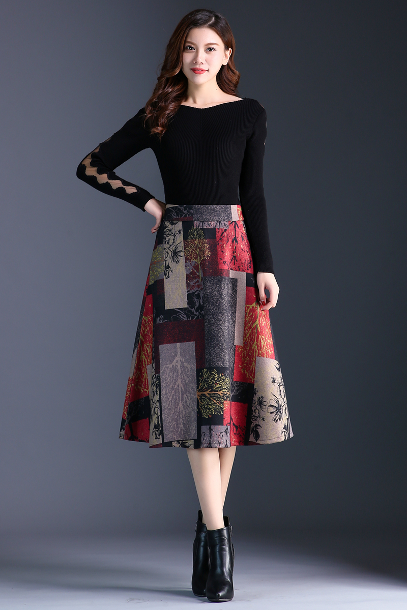 Plus Size High Waist Mid Thicken Woolen Skirt Women Autumn Winter ALine Wool Skirt Female Red Print Pocket Lady Skirt T200324