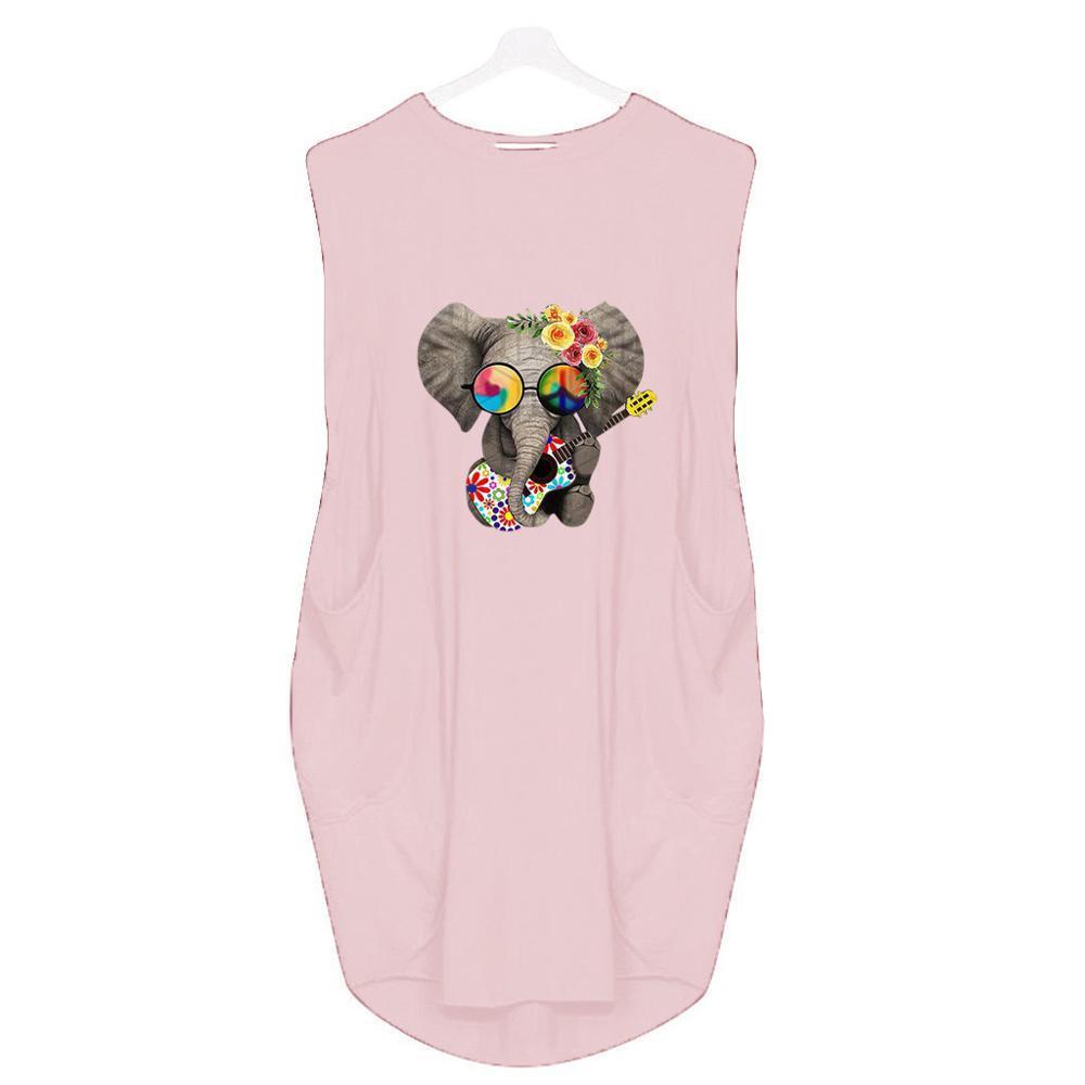 6 Color Cute Elephant Cartoon Print Loose KneeLength Dress Summer Women O Neck Sleeveless Tank Dress With Pocket T200618