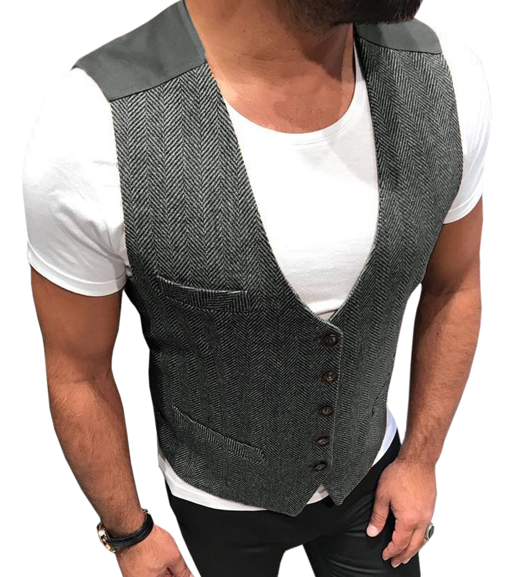 2021 Fashion Wool Groom Vests Wedding Brown Patchwork Herringbone Tweed Groom Vest Slim Fit Mens Business Suit Vest Prom Wedding Waistcoat