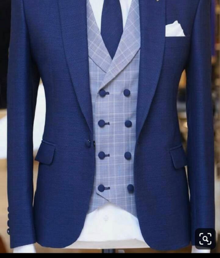 3 Piece Blue Men Suits for Wedding with Peaked Lape Groom Tuxedo Male Fashion Set Jacket Plaid Vest Pants New Arrival 201105