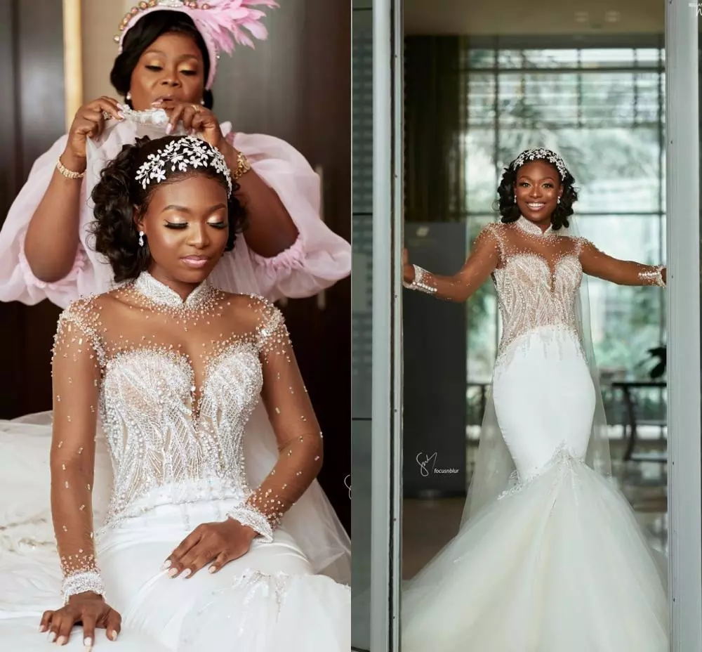 2021 New Fashion Mermaid Wedding Dresses High Neck Long Sleeve Sweep Train Beads Women Bridal Gowns vestidos de novia