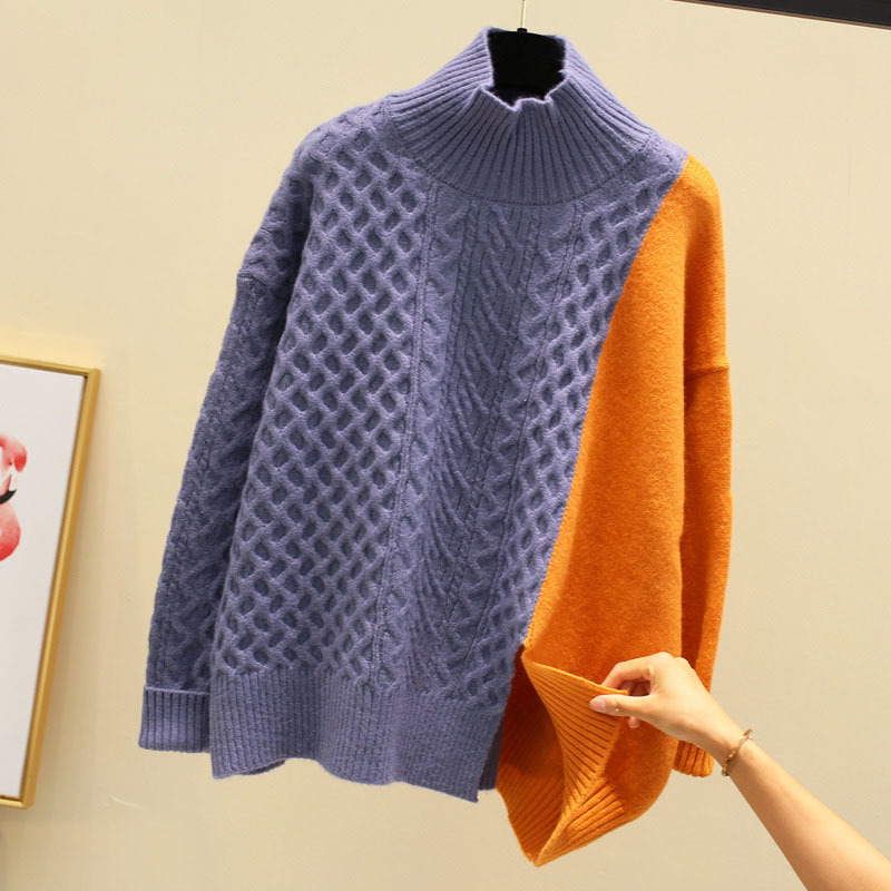 Women's Contrast Patchwork Half Turtleneck Sweater Women's Winter Korean Loose Turtleneck Student Knit Sweaters Pullovers ML209 201224