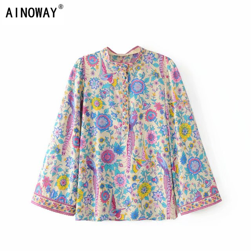 Vintage chic hippie women rayon cotton beach floral peacock print bohemian blouse shirt ladies flare sleeve loose Boho shirts T200321