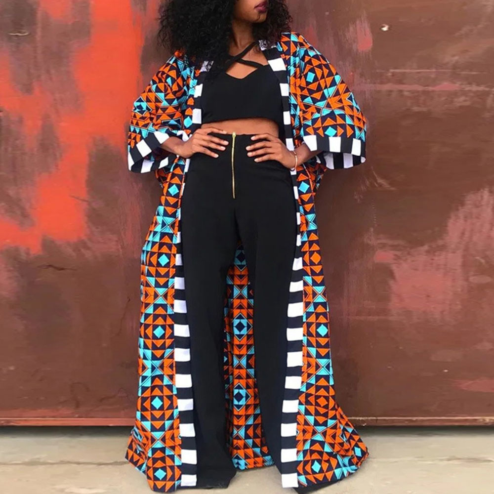 Women Long Trench Coat Fashion African Style Streetwear Oversized Cardigan Spring Fall Clothing Vintage Floral Print Outwear 201211