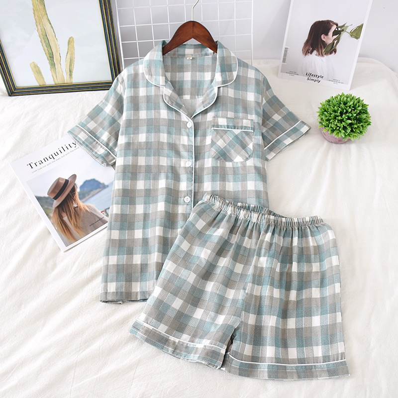 Women's Pajamas Cotton Plaid Casual Homewear Comfortable Thin Pajamas Suit Summer New Short Sleeve Shorts Two Piece Pyjama Set T200429