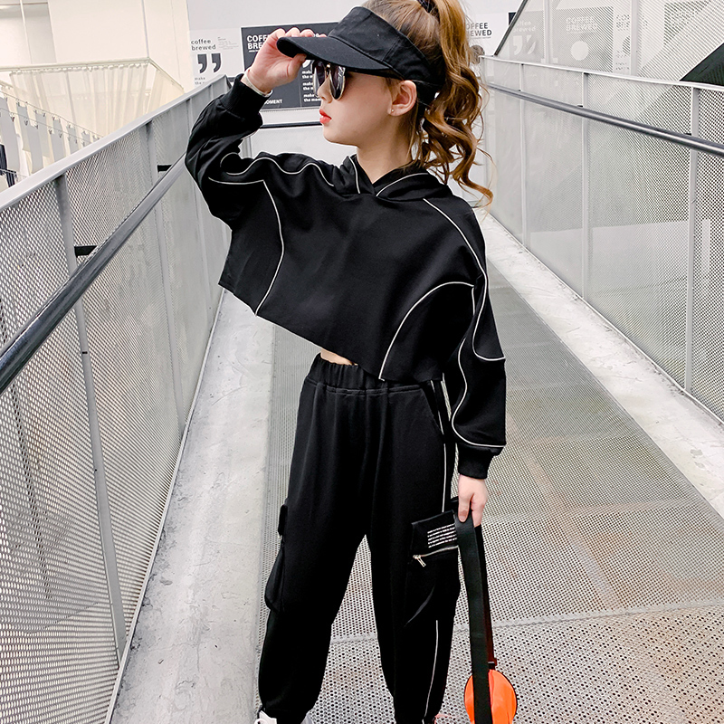 Kids Girls Sets Black hoodie Sweatshirts Reflective strip Sweatpant 2pcs Suits Harem Pants Sports Outfits Hip hop Tracksuit 2020X1019