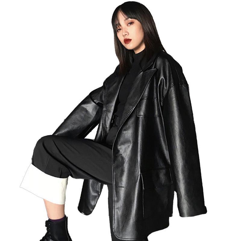 Women Spring Autumn Faux Leather Jackets Female Lapel Loose Casual Coats Vintage Wild Motorcycle PU Leather Outwear L01 201020
