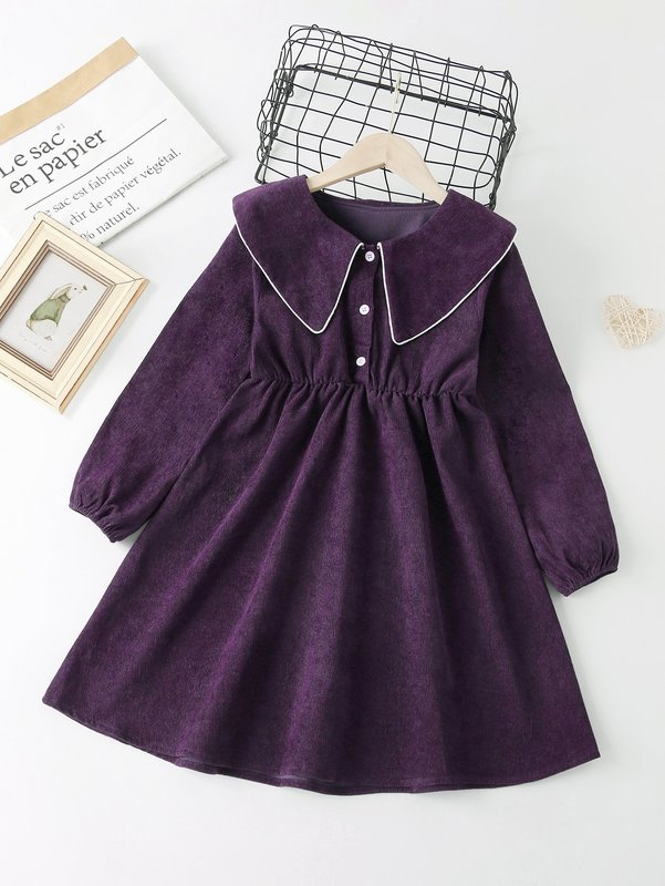 Girls Contrast Piping Peter Pan Collar Corduroy Dress SHE