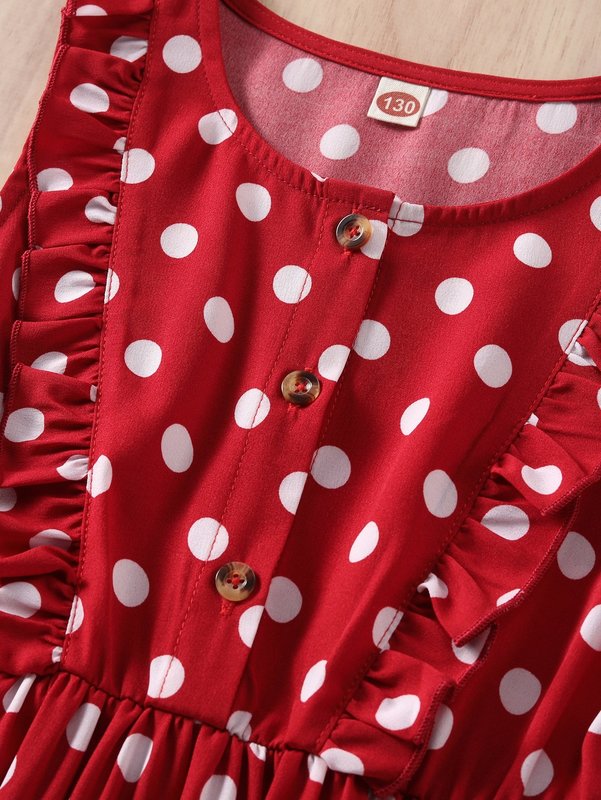 Girls Polka Dot Print Ruffle Trim Dress SHE01