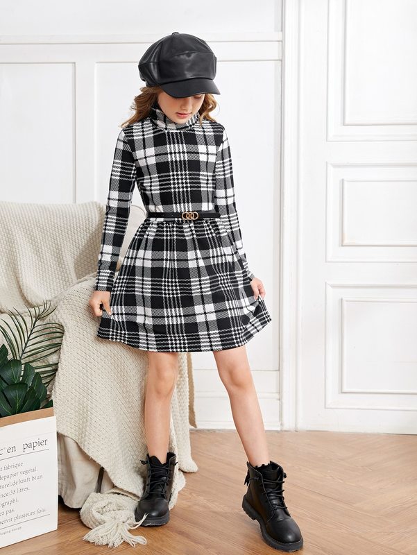 Girls Plaid Print Dress Without Belt SHE