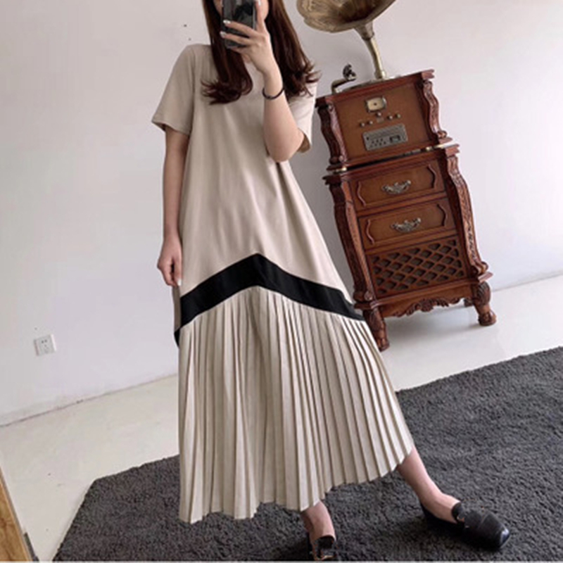 REALEFT Women Casual Pleated Long Dresses Short Sleeve O-Neck High Waist Color Patchwork Striped Print Dresses for Ladies T200416