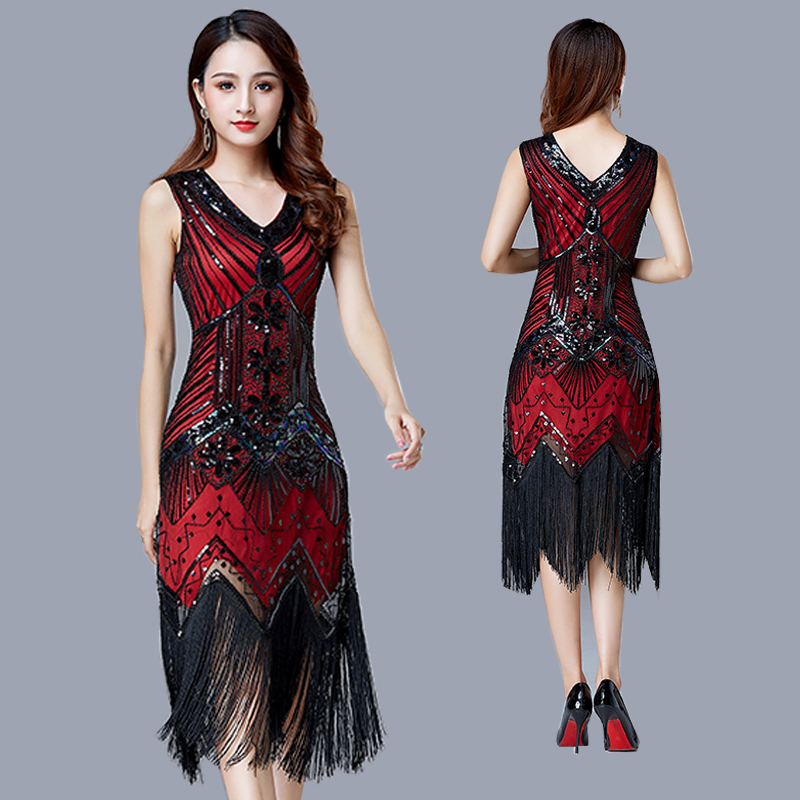 1920s Vintage Flapper Great Gatsby Party Dress VNeck Sleeveless Sequin Beaded style Style Tassel Flapper Vestidos Feminina 1920 T200107