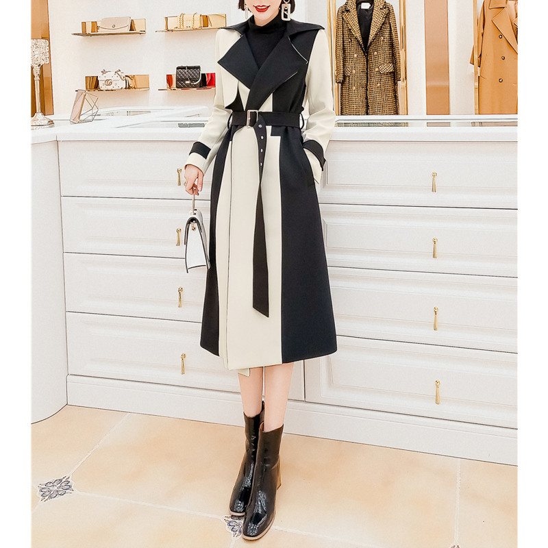 DEAT Woolen Coat Women Long Length With Sashes Slim Lapel Collar Hit Color High Street Slim Autumn Fashion AM617 201221