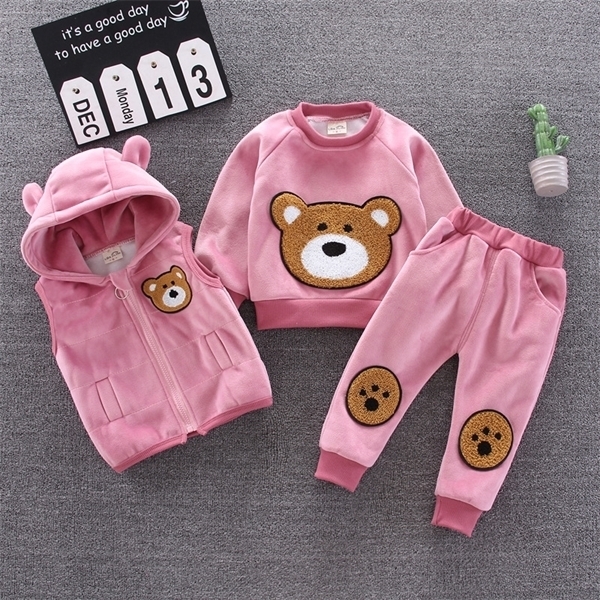 Baby clothes winter thick warm suit cartoon bear hooded sweater baby boy baby girl fleece children gold velvet three-piece suit Y1105