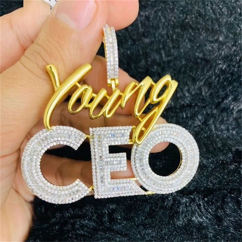 High quality Hip hop bling men jewelry 5A cubic zirconia iced out bling baguette cz Young CEO pendant necklace rope tennis chain 201014