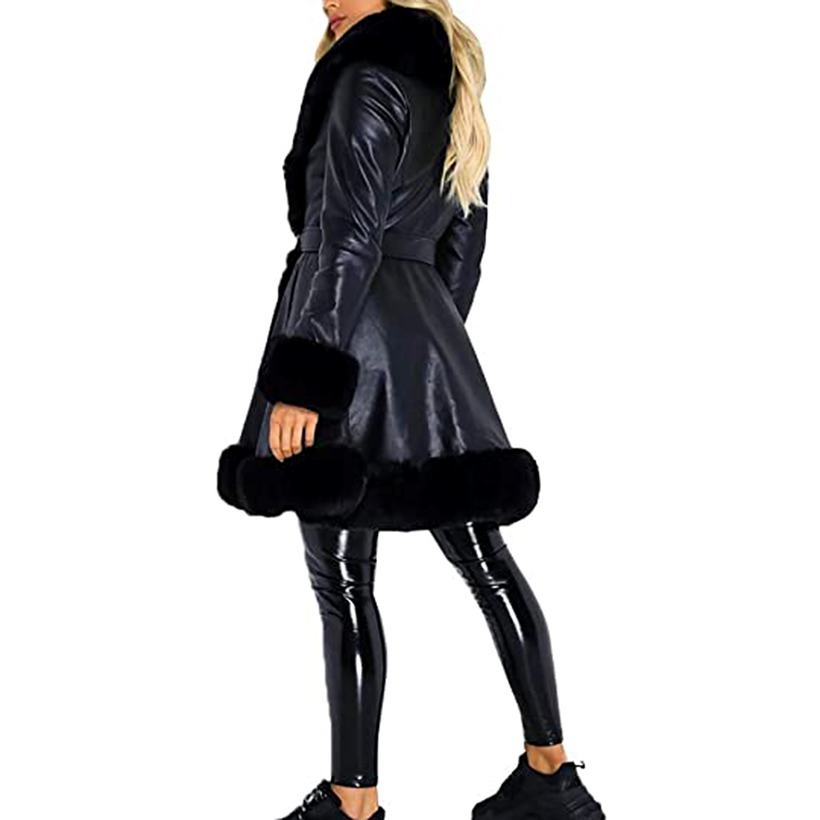 Chic Winter Fur Collar Leather Jacket Women Long Faux Leather Jacket Coat Dress Warm Outwear Abrigos Mujer 201020