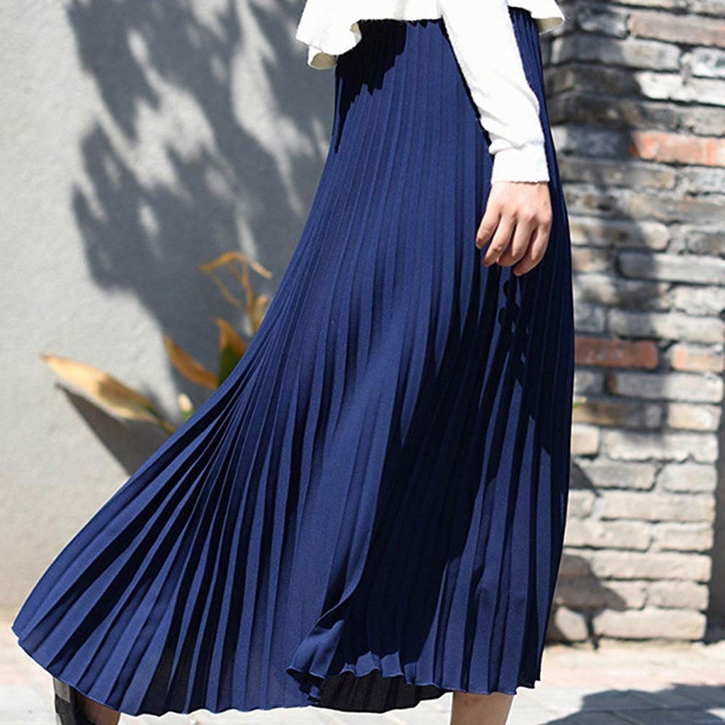 FREE OSTRICH Spring Women Solid pleated skirt Elegant Midi Elastic Waist Maxi Skirt chiffon skirt jupe tulle femme 201110
