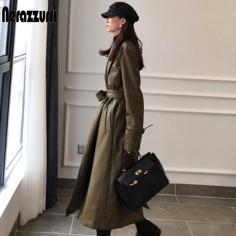 Nerazzurri Autumn long oversized leather trench coat for women long sleeve sashes Loose faux leather coats women fashion 201226