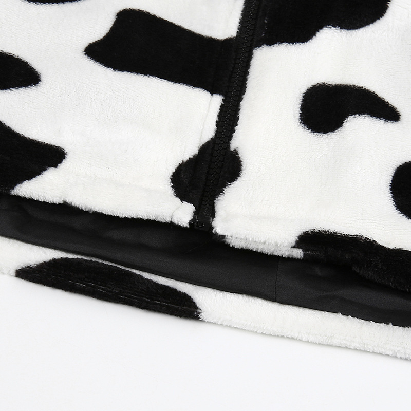 Vangull Fur Coats For Women Cow Print Teddy Jacket Modis Longslive Zipper Casual Warm Autumn Winter Harajuku Coat Female