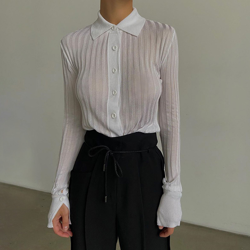FASHSTREET Sexy New Black Knitted See Through Elastic Blouse Women Turndown Collar Long Sleeve Slim Shirt Party Streetwear 201201