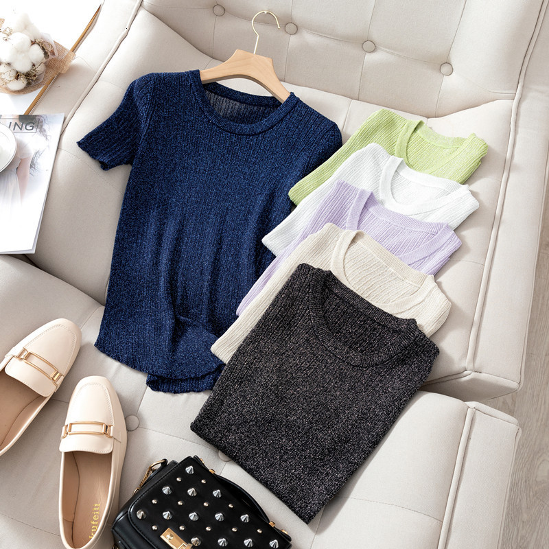 2021 New Summer Glitter Shirt Women Knitted Casual Short Sleeves Top O-neck Shiny t Slim Kintwear Female Basic T-shirt Mxxk, Beige
2021 New Summer Glitter Shirt Women Knitted Casual Short Sleeves Top O-neck Shiny t Slim Kintwear Female Basic T-shirt Mxxk, Beige